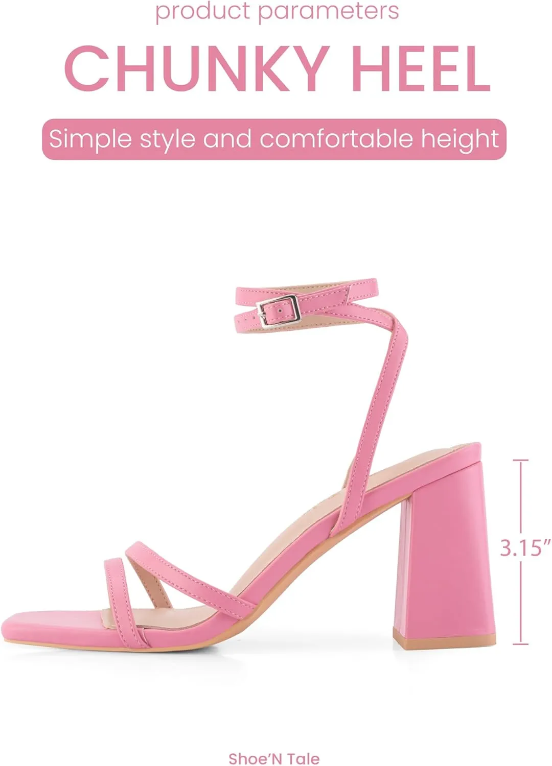 Shoe'N Tale Strappy Heels for Women Square Toe Chunky Block Heels Square Toe Ankle Strap Sandals