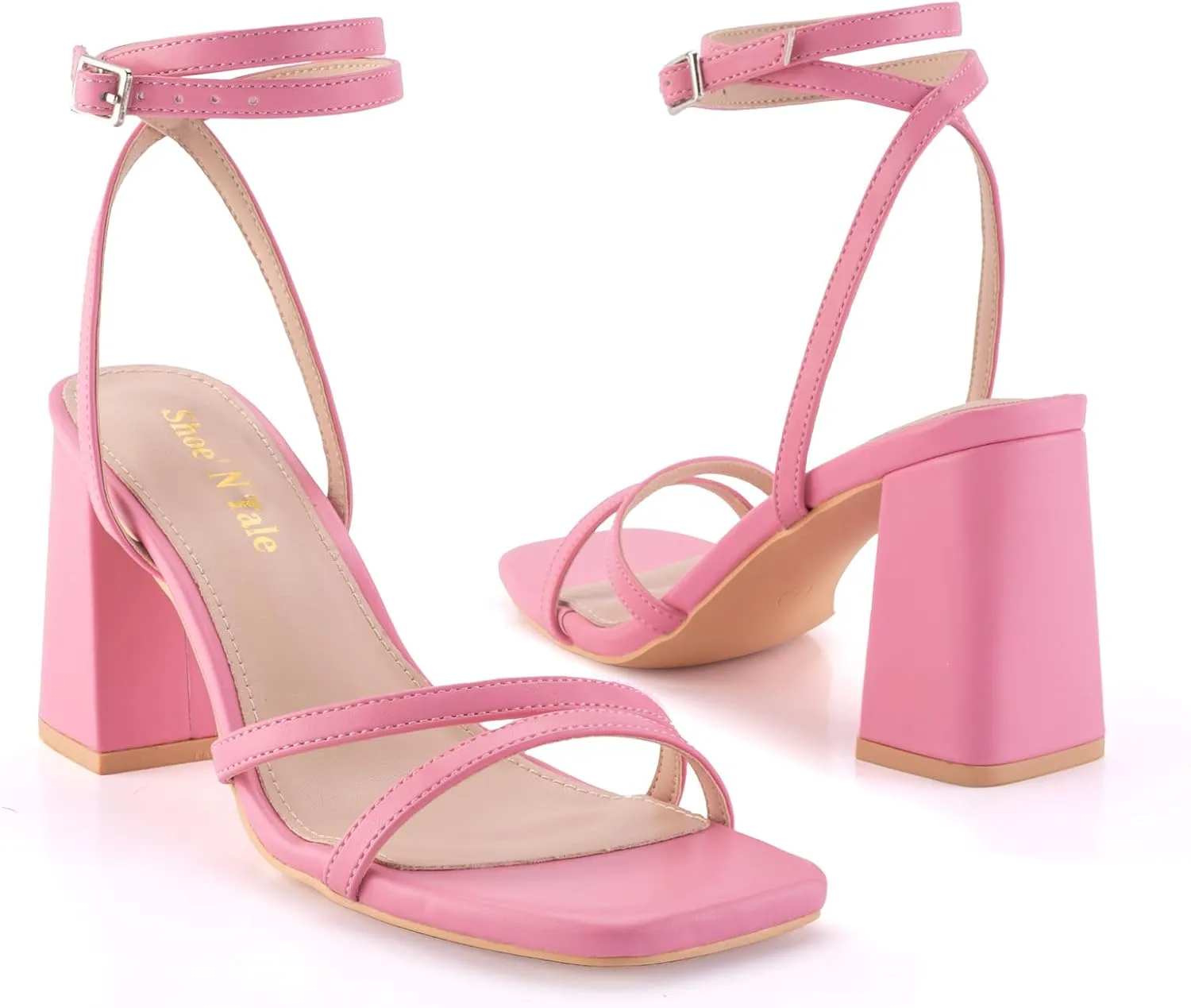 Shoe'N Tale Strappy Heels for Women Square Toe Chunky Block Heels Square Toe Ankle Strap Sandals