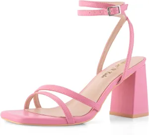 Shoe'N Tale Strappy Heels for Women Square Toe Chunky Block Heels Square Toe Ankle Strap Sandals