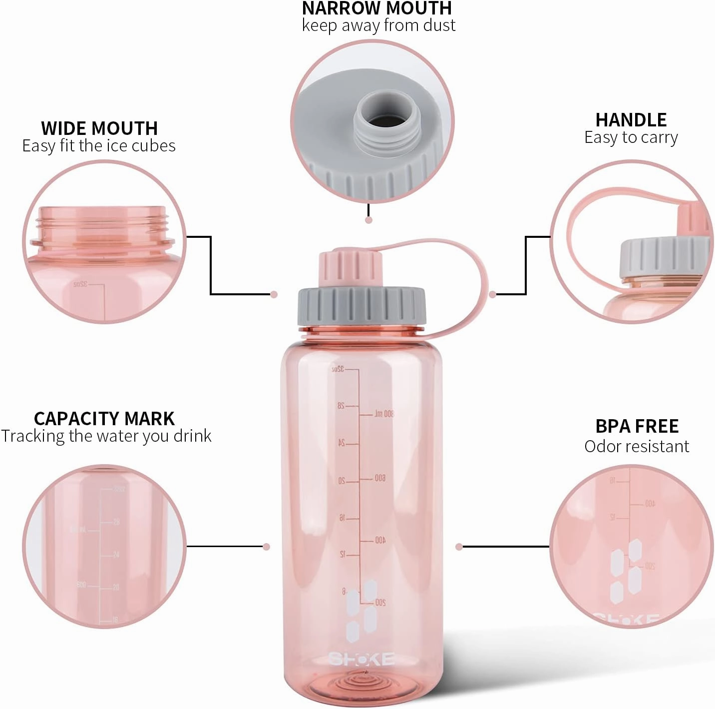 SHOKE Sport Water Bottle 1L 32oz Wide Mouth for Hicking (pink 50pcs stickers)
