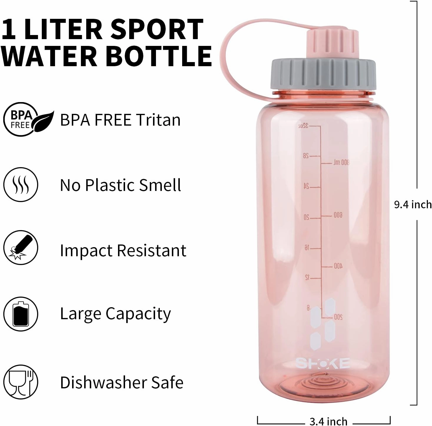 SHOKE Sport Water Bottle 1L 32oz Wide Mouth for Hicking (pink 50pcs stickers)