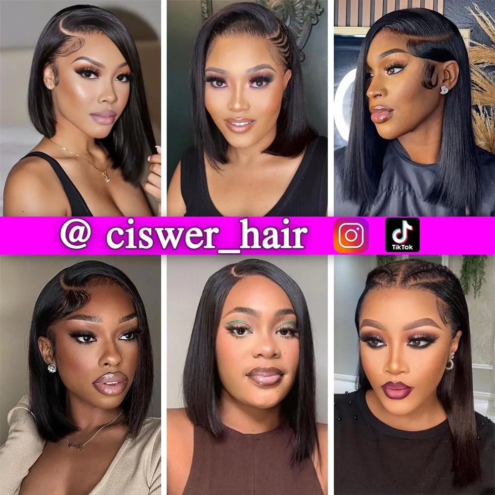 Short Bob Wig Human Hair Straight 13x4 Lace Front Wig for Black Women Glueless 180 Density Black Wig 12 Inch