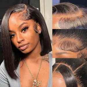 Short Bob Wig Human Hair Straight 13x4 Lace Front Wig for Black Women Glueless 180 Density Black Wig 12 Inch