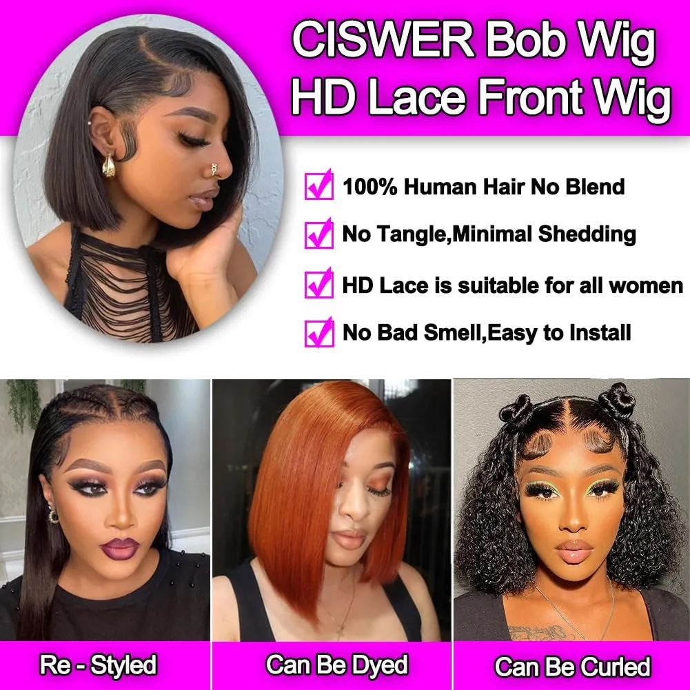 Short Bob Wig Human Hair Straight 13x4 Lace Front Wig for Black Women Glueless 180 Density Black Wig 12 Inch