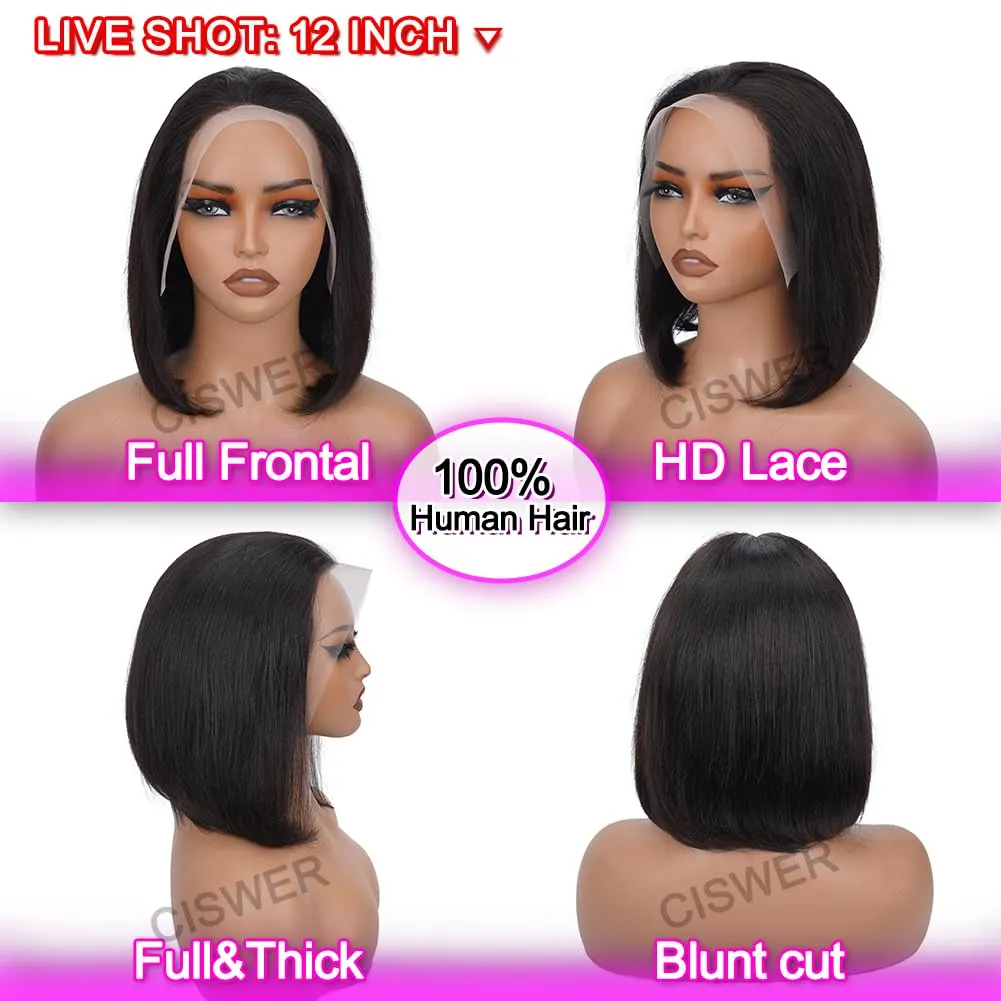 Short Bob Wig Human Hair Straight 13x4 Lace Front Wig for Black Women Glueless 180 Density Black Wig 12 Inch