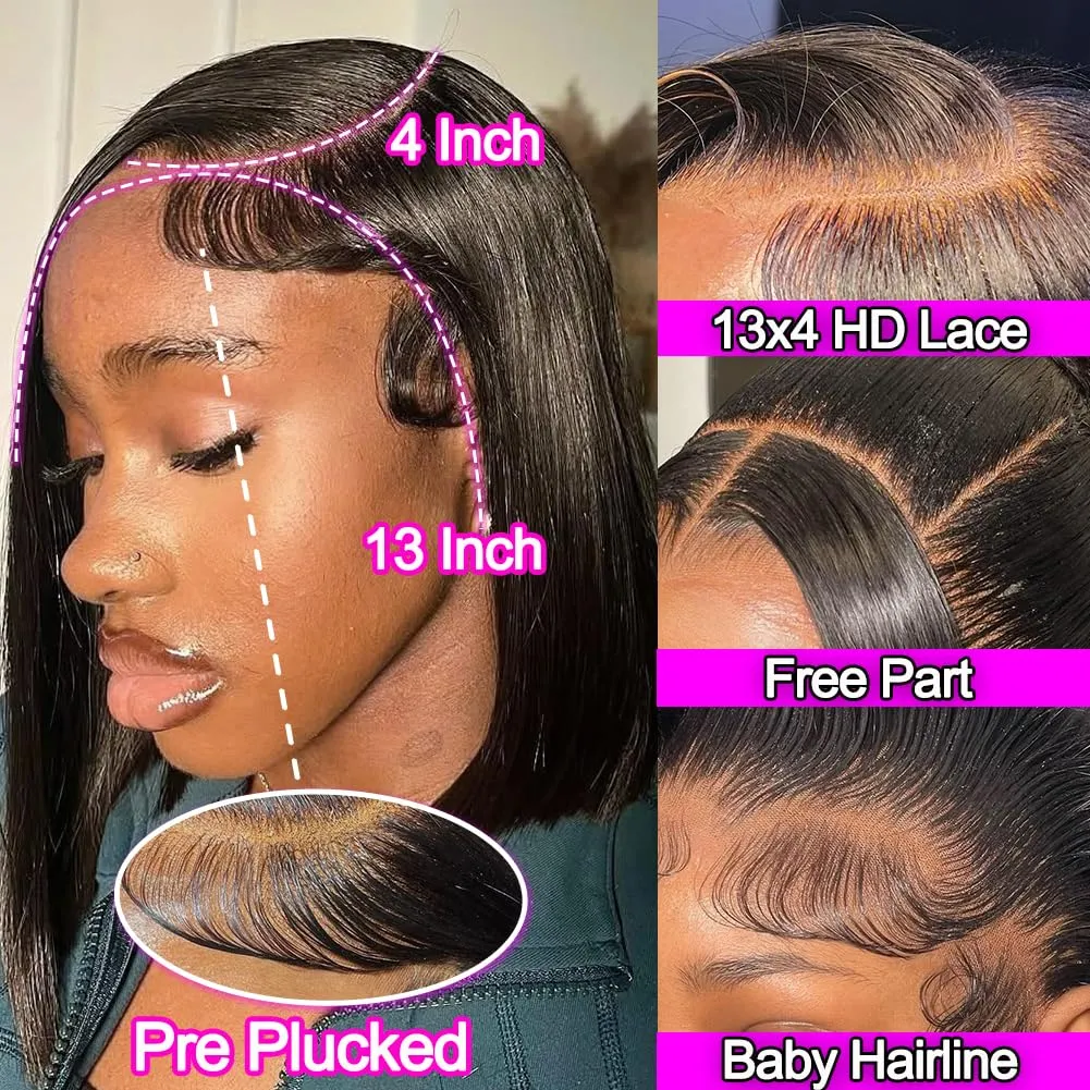 Short Bob Wig Human Hair Straight 13x4 Lace Front Wig for Black Women Glueless 180 Density Black Wig 12 Inch