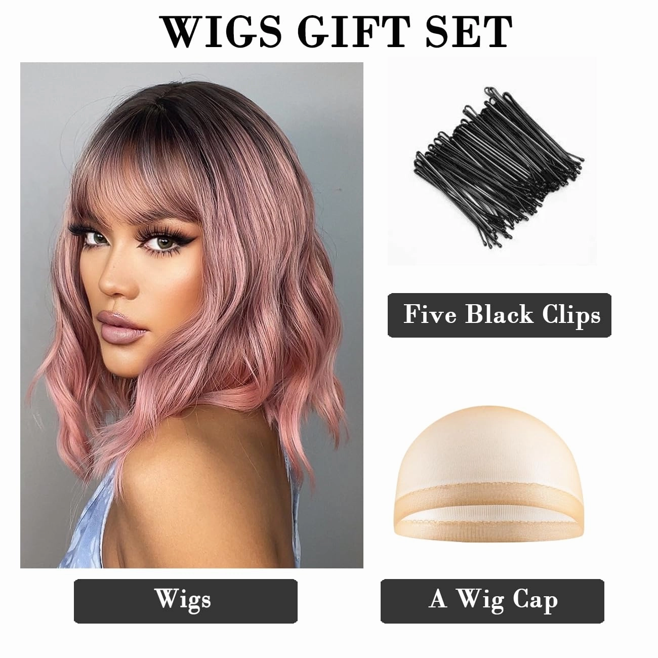 Short Bob Ombre Black Pink Wavy Wigs for Women Natural Shoulder Length Wig with Bangs Synthetic Wigs for Daily Cosplay
