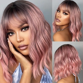Short Bob Ombre Black Pink Wavy Wigs for Women Natural Shoulder Length Wig with Bangs Synthetic Wigs for Daily Cosplay