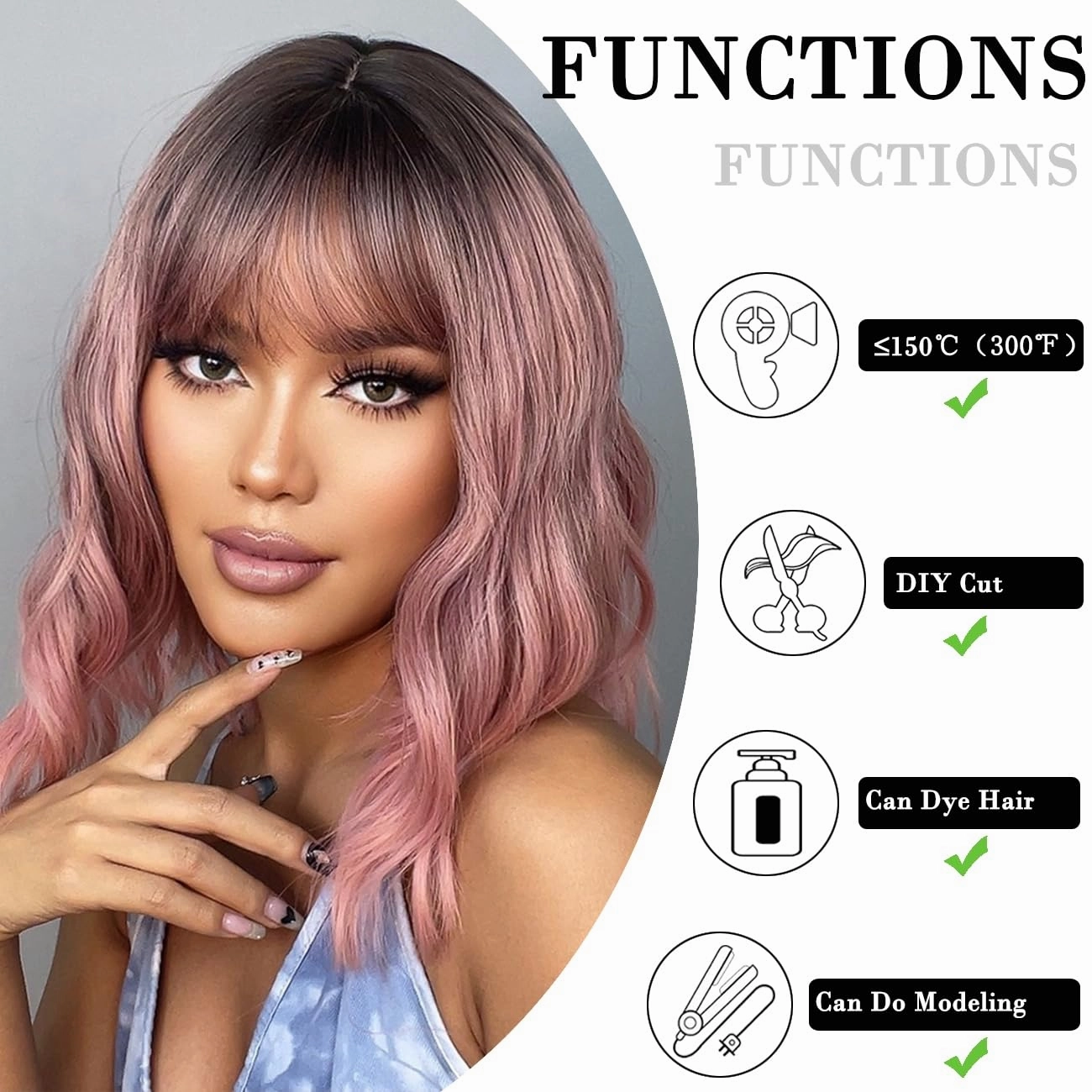 Short Bob Ombre Black Pink Wavy Wigs for Women Natural Shoulder Length Wig with Bangs Synthetic Wigs for Daily Cosplay