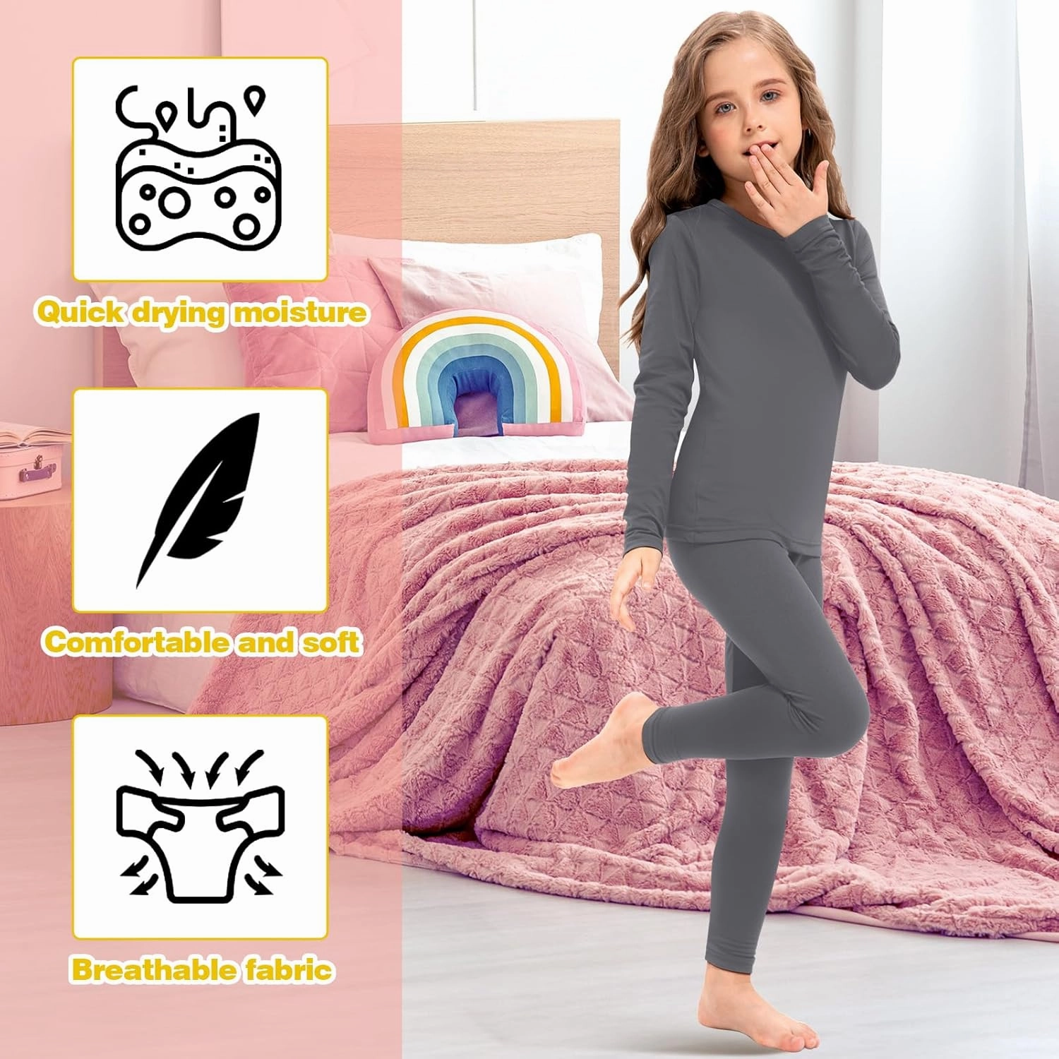 Silkfly 5 Set Girls Thermal Underwear Set Fleece Lined Long Winter Johns Kids Base Layer Thermal Top Bottom Warm Set