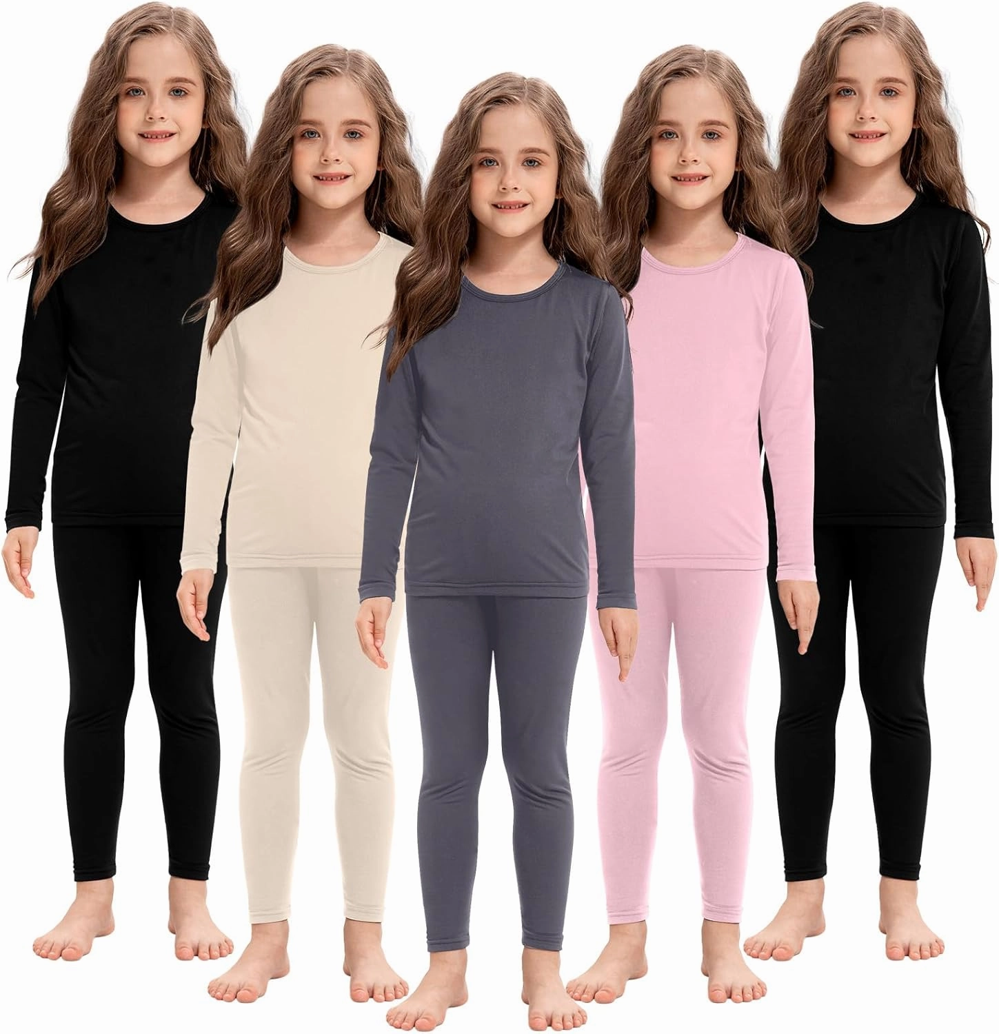 Silkfly 5 Set Girls Thermal Underwear Set Fleece Lined Long Winter Johns Kids Base Layer Thermal Top Bottom Warm Set