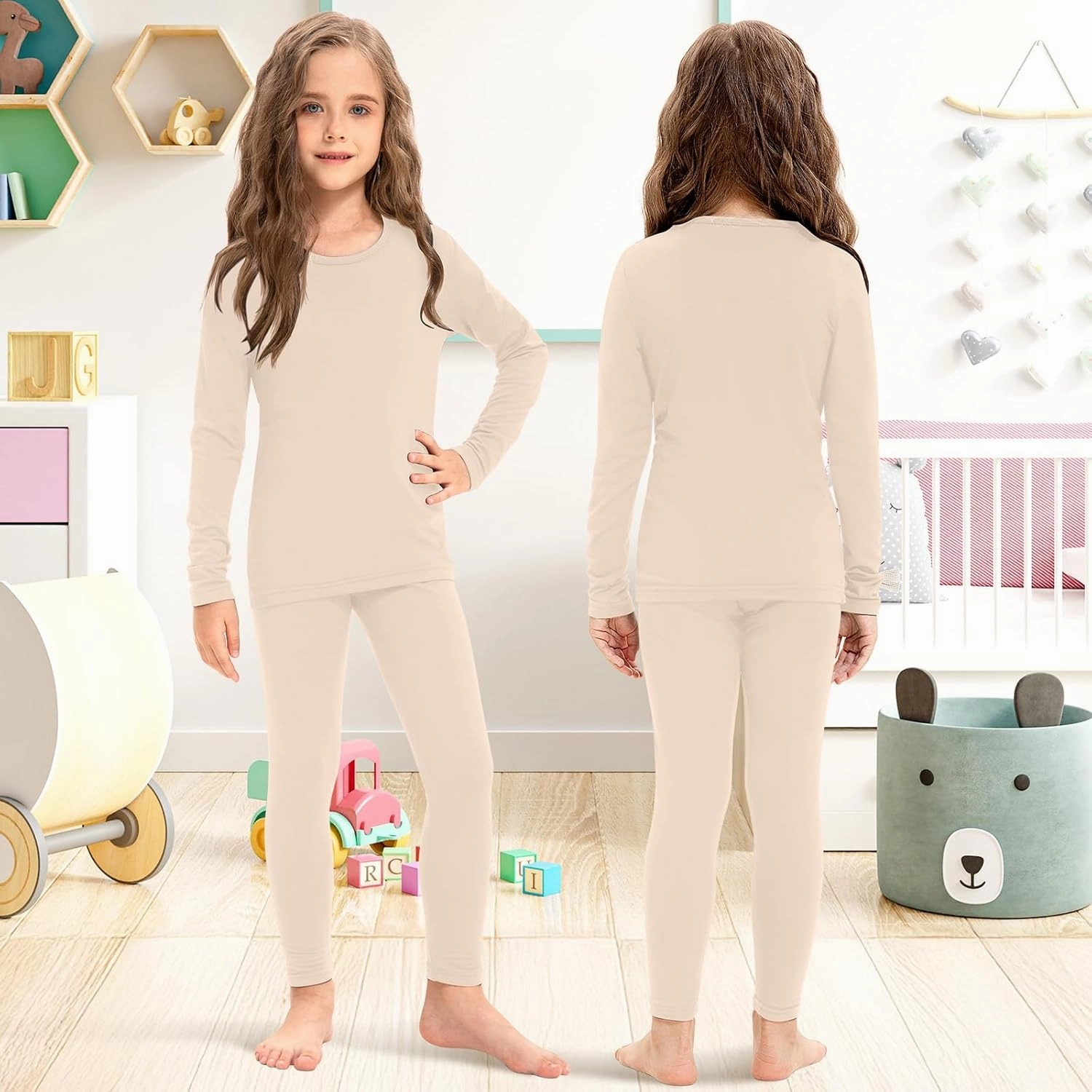 Silkfly 5 Set Girls Thermal Underwear Set Fleece Lined Long Winter Johns Kids Base Layer Thermal Top Bottom Warm Set