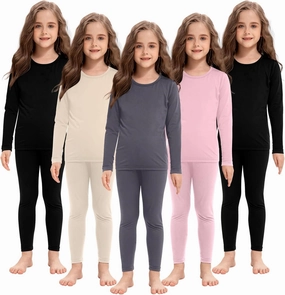 Silkfly 5 Set Girls Thermal Underwear Set Fleece Lined Long Winter Johns Kids Base Layer Thermal Top Bottom Warm Set