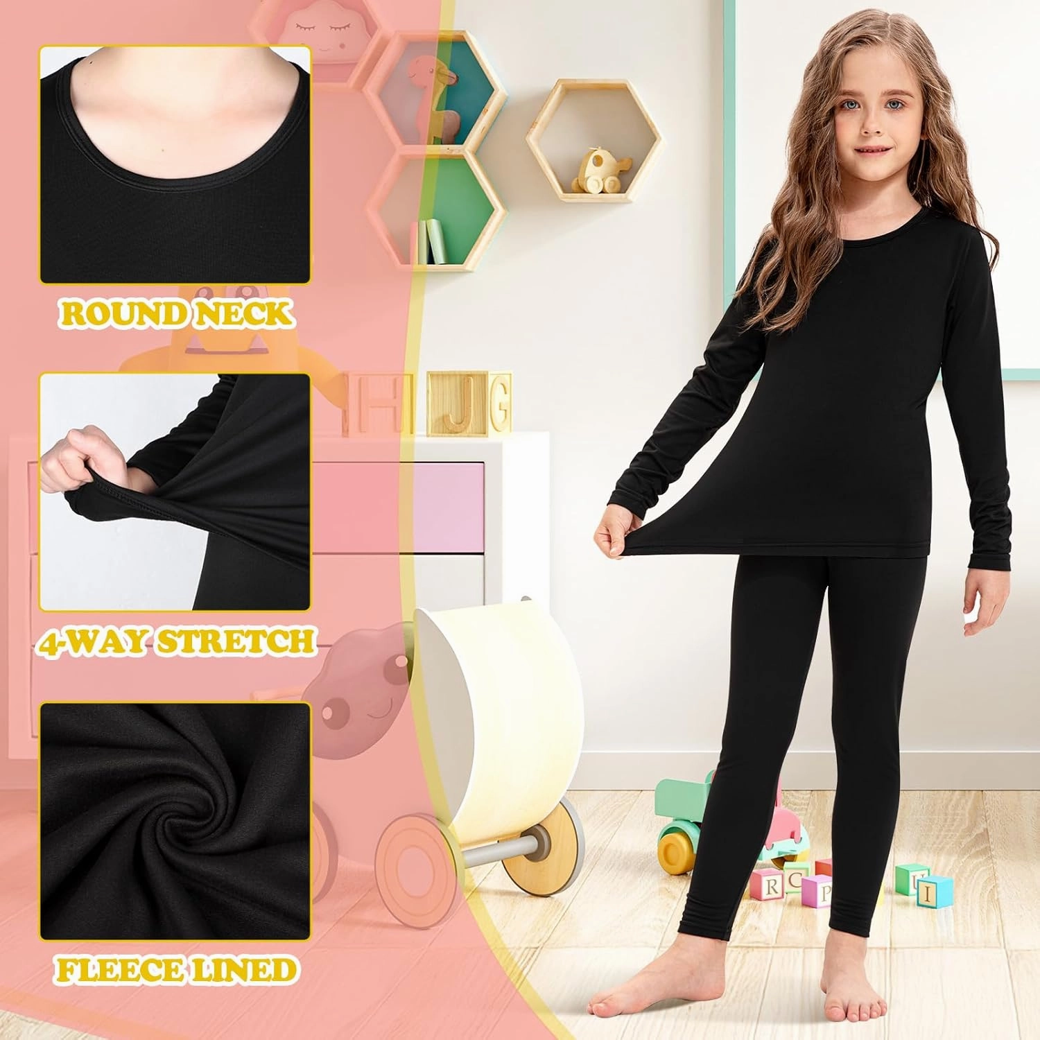 Silkfly 5 Set Girls Thermal Underwear Set Fleece Lined Long Winter Johns Kids Base Layer Thermal Top Bottom Warm Set