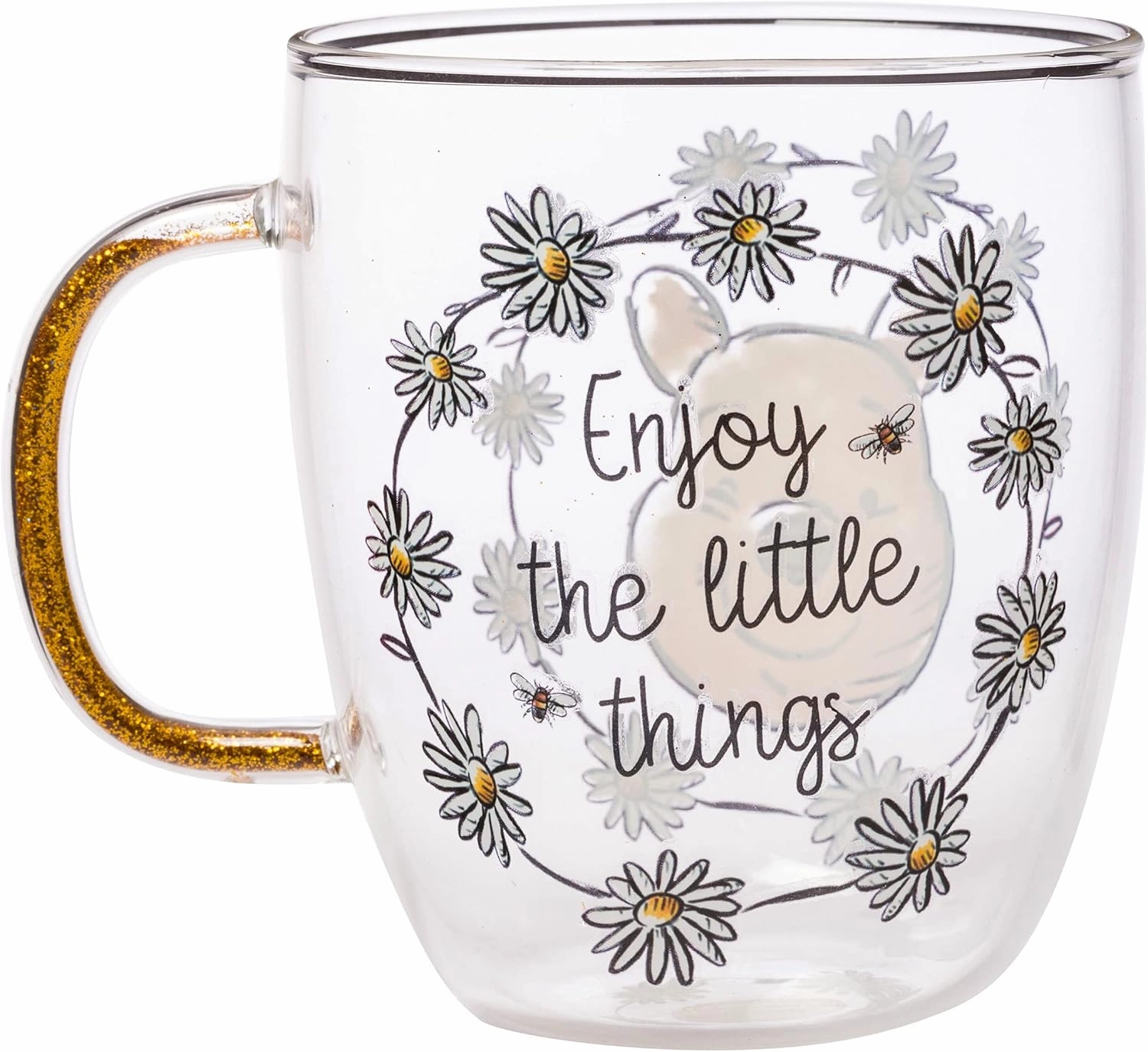 Silver Buffalo Disney Winnie the Pooh Enjoy The Little Things Glitter Handle Glass Mug, 14 Ounces