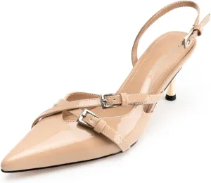 Slingback Kitten Heels for Women Pointed Toe Heels Closed Toe Low Heel Wedding Dress Pumps with Buckles Strap