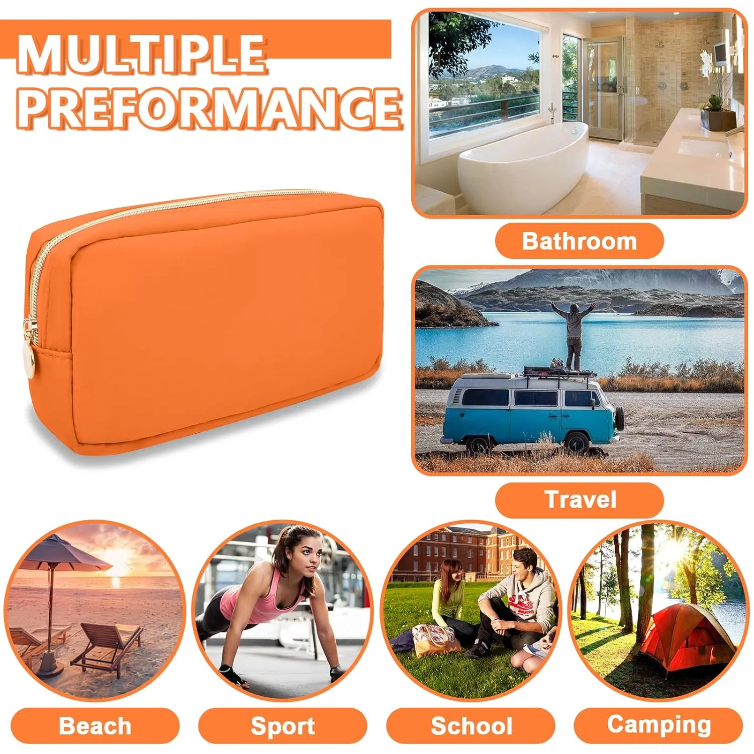 Small Makeup Bag Pouch for Purse, Nylon Travel Toiletry Storage Bag Cute Preppy Cosmetic Bag for Women Girls, Waterproof Makeup Organizer Bag Pouch Skincare Bag Purse with Zipper (Small-Peach)