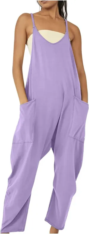 SMIDOW Jumpsuit For Women Dressy Casual Loose Sleeveless Spaghetti Strap Stretchy Wide Leg Long Pant Romper With Pockets