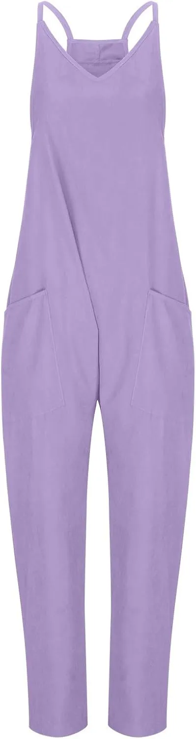 SMIDOW Jumpsuit For Women Dressy Casual Loose Sleeveless Spaghetti Strap Stretchy Wide Leg Long Pant Romper With Pockets