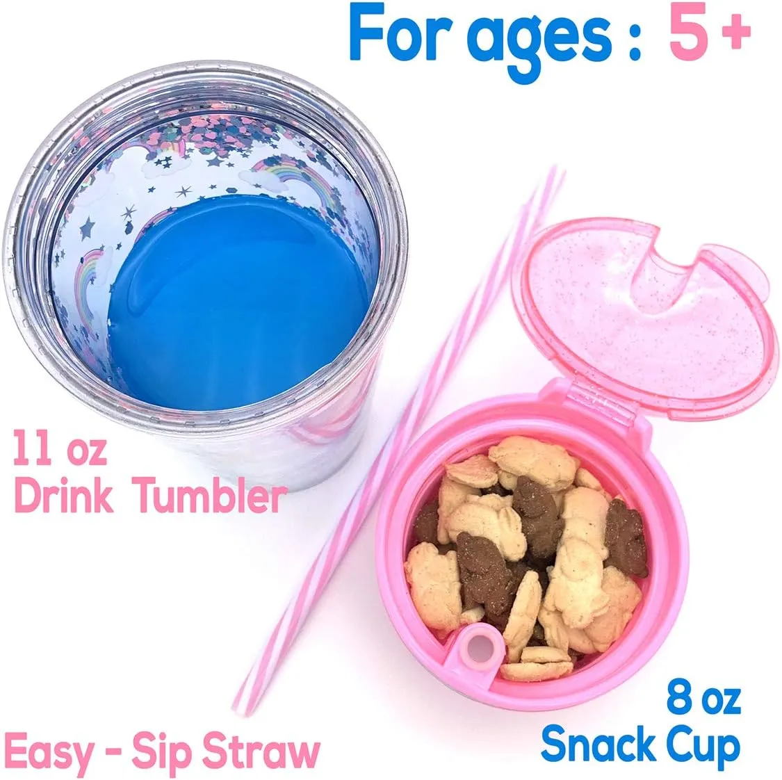 Snack and Drink Cup, Rainbow Theme, Kid's Combo All-in-One Tumbler for On-The-Go, Bonus Sheet of Fun Unicorn and Caticorn Stickers, Straw Included, Pink