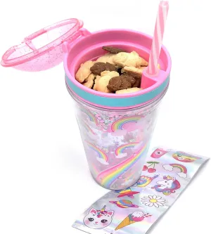 Snack and Drink Cup, Rainbow Theme, Kid's Combo All-in-One Tumbler for On-The-Go, Bonus Sheet of Fun Unicorn and Caticorn Stickers, Straw Included, Pink