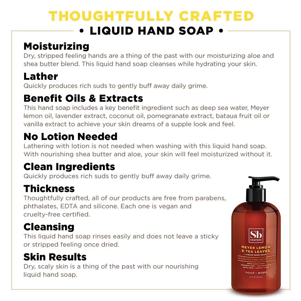 Soapbox Liquid Hand Soap, Meyer Lemon & Tea Leaves - Gentle, Moisturizing Hand Cleanser, Vegan, Cruelty Free Hand Soap for Bathroom and Kitchen, 12oz Pump Bottles (Pack of 3)