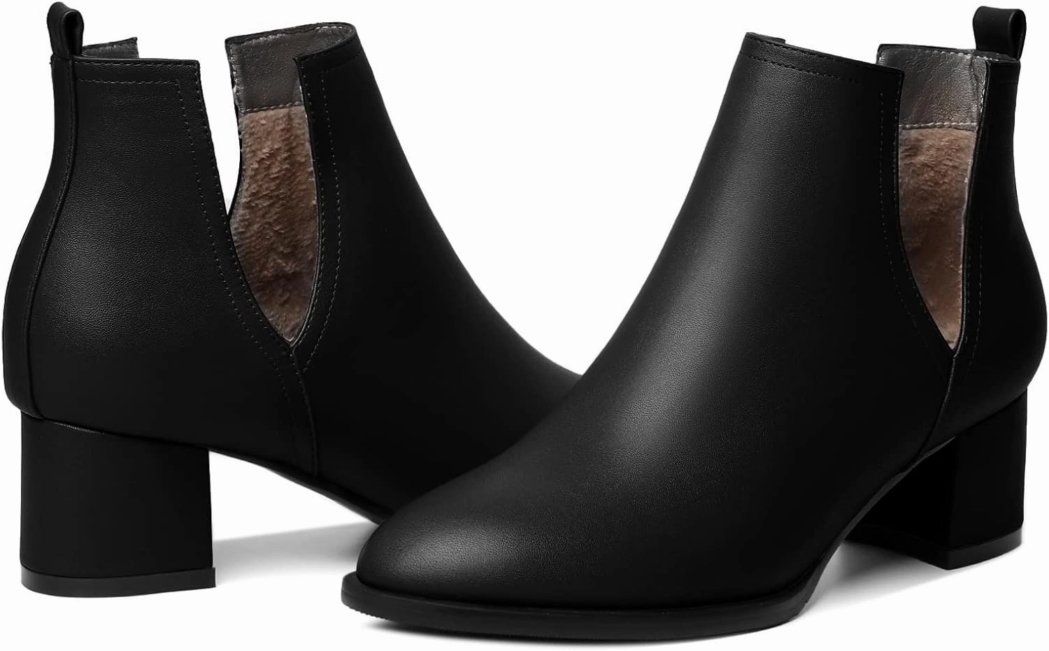 Soireelady Women V Cut Ankle Booties Round Toe Cutout Ankle Boots Block Heel Short Booties Mid Chunky Heel Boots Comfortable Slip on Ankle Booties