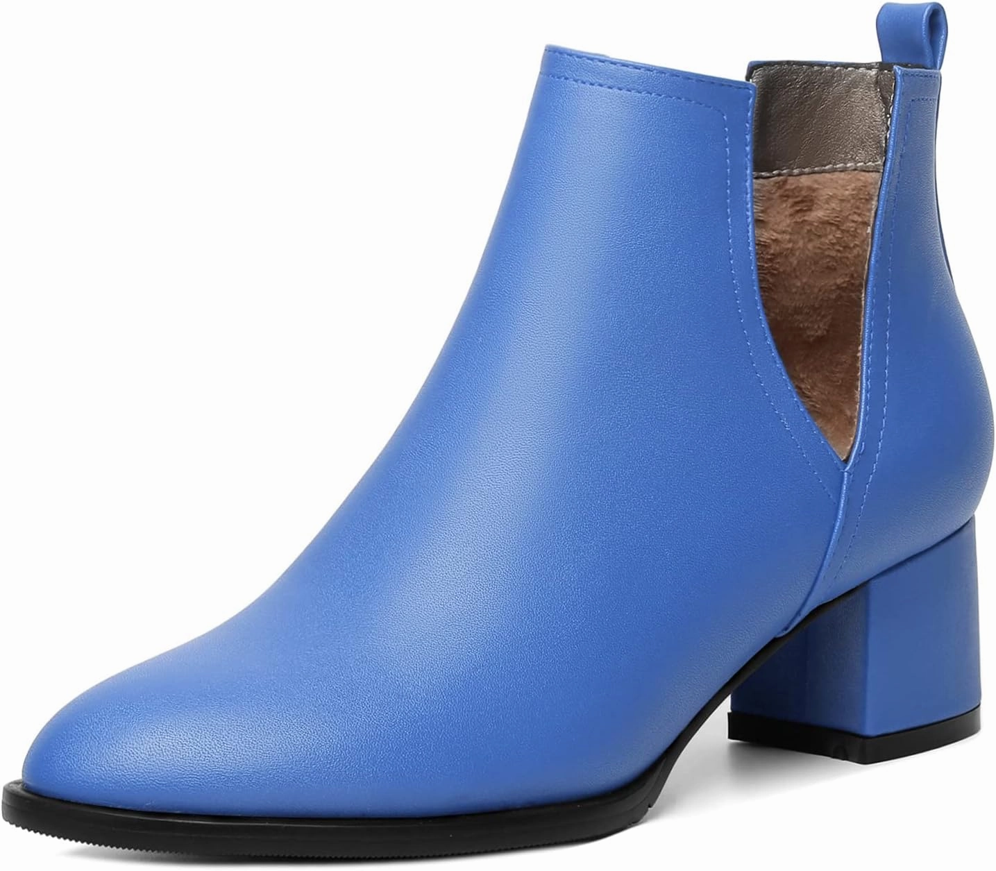 Soireelady Women V Cut Ankle Booties Round Toe Cutout Ankle Boots Block Heel Short Booties Mid Chunky Heel Boots Comfortable Slip on Ankle Booties
