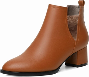 Soireelady Women V Cut Ankle Booties Round Toe Cutout Ankle Boots Block Heel Short Booties Mid Chunky Heel Boots Comfortable Slip on Ankle Booties
