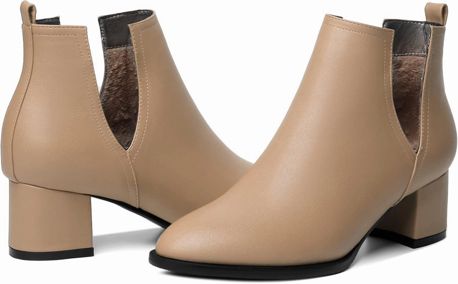 Soireelady Women V Cut Ankle Booties Round Toe Cutout Ankle Boots Block Heel Short Booties Mid Chunky Heel Boots Comfortable Slip on Ankle Booties