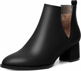 Soireelady Women V Cut Ankle Booties Round Toe Cutout Ankle Boots Block Heel Short Booties Mid Chunky Heel Boots Comfortable Slip on Ankle Booties