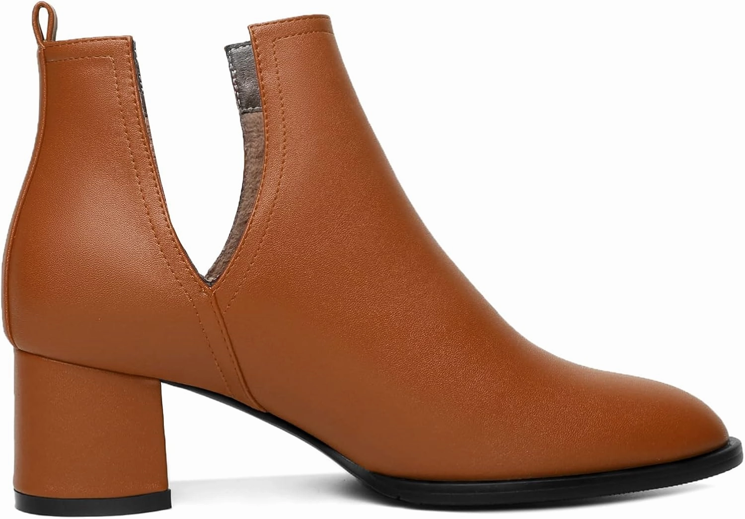 Soireelady Women V Cut Ankle Booties Round Toe Cutout Ankle Boots Block Heel Short Booties Mid Chunky Heel Boots Comfortable Slip on Ankle Booties