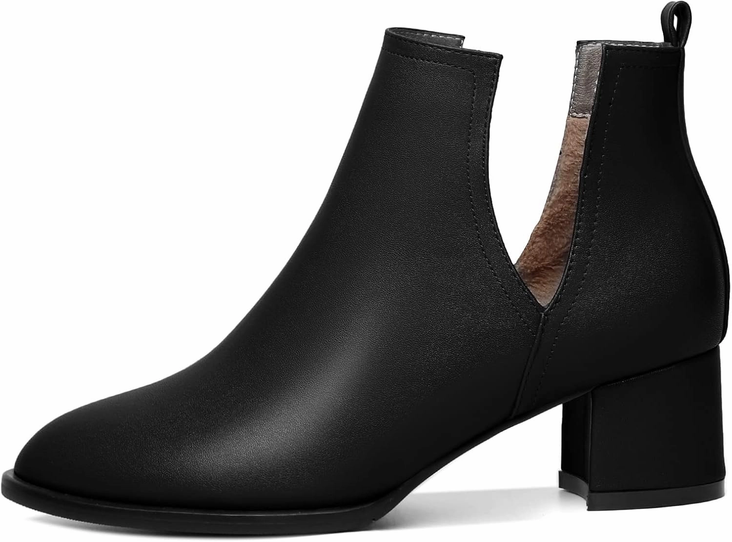 Soireelady Women V Cut Ankle Booties Round Toe Cutout Ankle Boots Block Heel Short Booties Mid Chunky Heel Boots Comfortable Slip on Ankle Booties