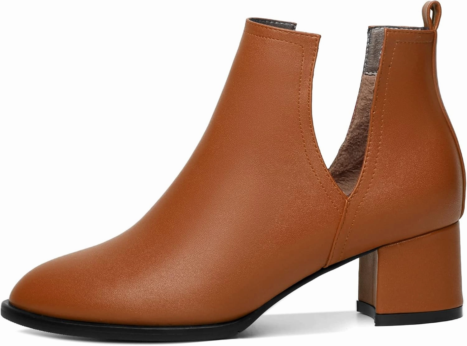 Soireelady Women V Cut Ankle Booties Round Toe Cutout Ankle Boots Block Heel Short Booties Mid Chunky Heel Boots Comfortable Slip on Ankle Booties