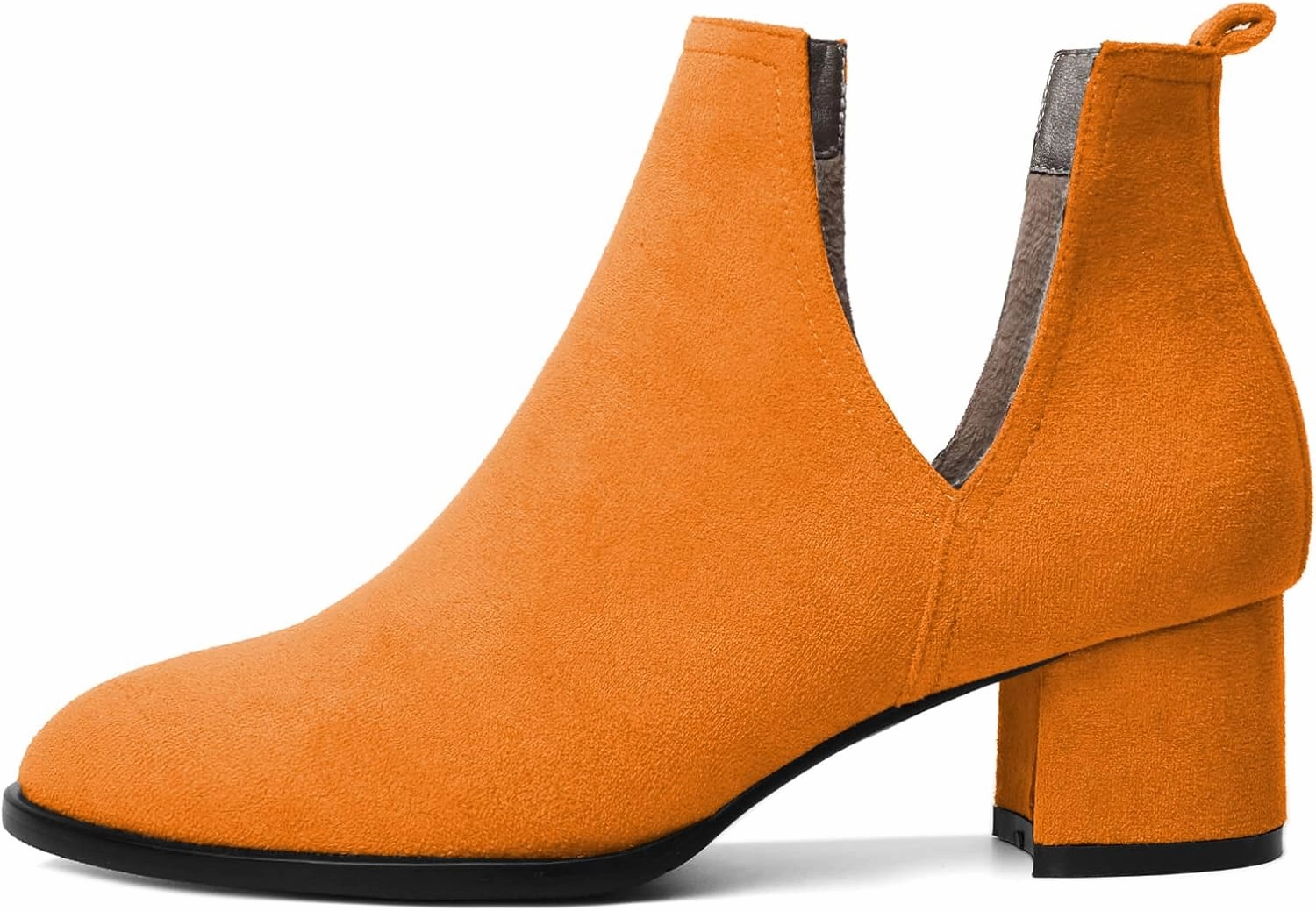Soireelady Women V Cut Ankle Booties Round Toe Cutout Ankle Boots Block Heel Short Booties Mid Chunky Heel Boots Comfortable Slip on Ankle Booties