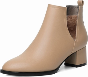 Soireelady Women V Cut Ankle Booties Round Toe Cutout Ankle Boots Block Heel Short Booties Mid Chunky Heel Boots Comfortable Slip on Ankle Booties