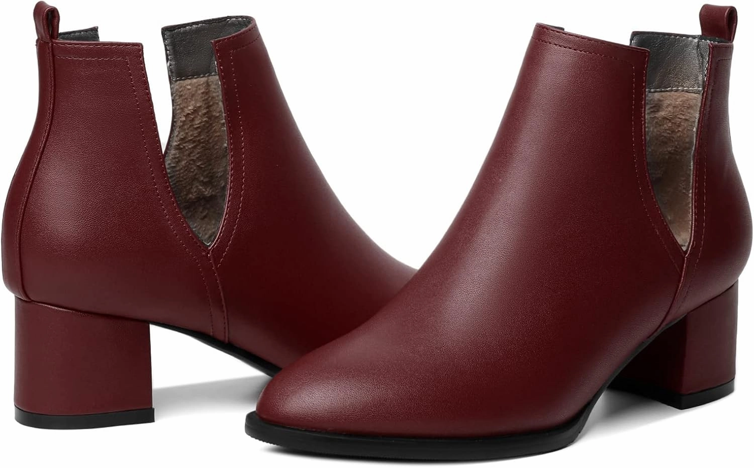 Soireelady Women V Cut Ankle Booties Round Toe Cutout Ankle Boots Block Heel Short Booties Mid Chunky Heel Boots Comfortable Slip on Ankle Booties