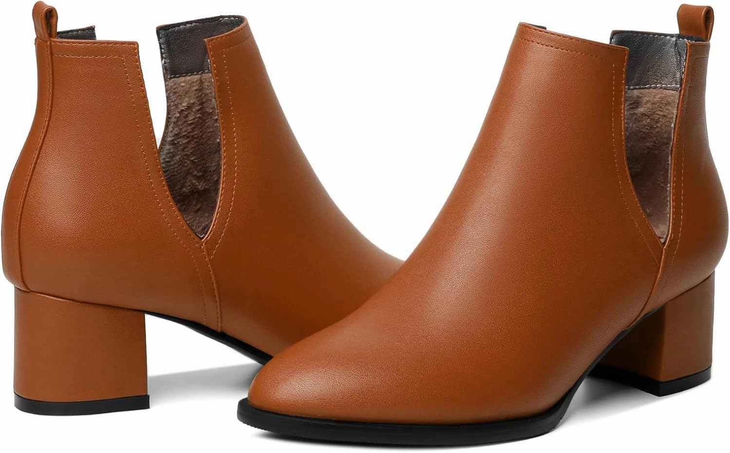 Soireelady Women V Cut Ankle Booties Round Toe Cutout Ankle Boots Block Heel Short Booties Mid Chunky Heel Boots Comfortable Slip on Ankle Booties