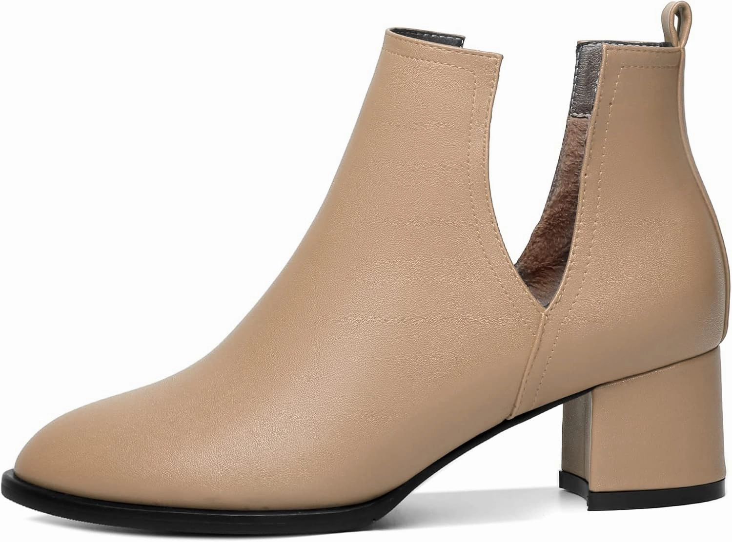 Soireelady Women V Cut Ankle Booties Round Toe Cutout Ankle Boots Block Heel Short Booties Mid Chunky Heel Boots Comfortable Slip on Ankle Booties
