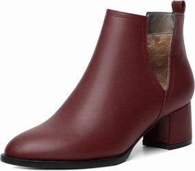 Soireelady Women V Cut Ankle Booties Round Toe Cutout Ankle Boots Block Heel Short Booties Mid Chunky Heel Boots Comfortable Slip on Ankle Booties