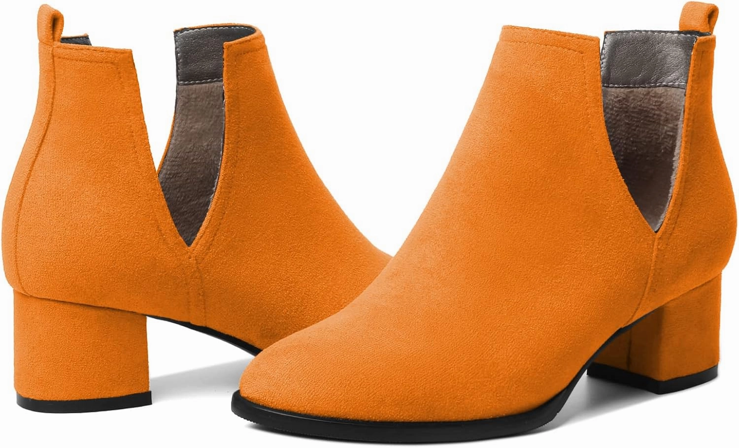 Soireelady Women V Cut Ankle Booties Round Toe Cutout Ankle Boots Block Heel Short Booties Mid Chunky Heel Boots Comfortable Slip on Ankle Booties