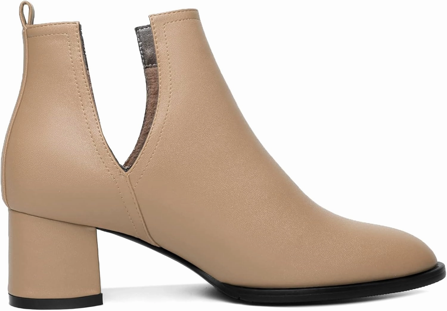 Soireelady Women V Cut Ankle Booties Round Toe Cutout Ankle Boots Block Heel Short Booties Mid Chunky Heel Boots Comfortable Slip on Ankle Booties