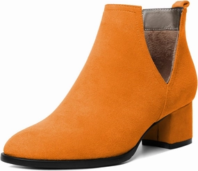 Soireelady Women V Cut Ankle Booties Round Toe Cutout Ankle Boots Block Heel Short Booties Mid Chunky Heel Boots Comfortable Slip on Ankle Booties