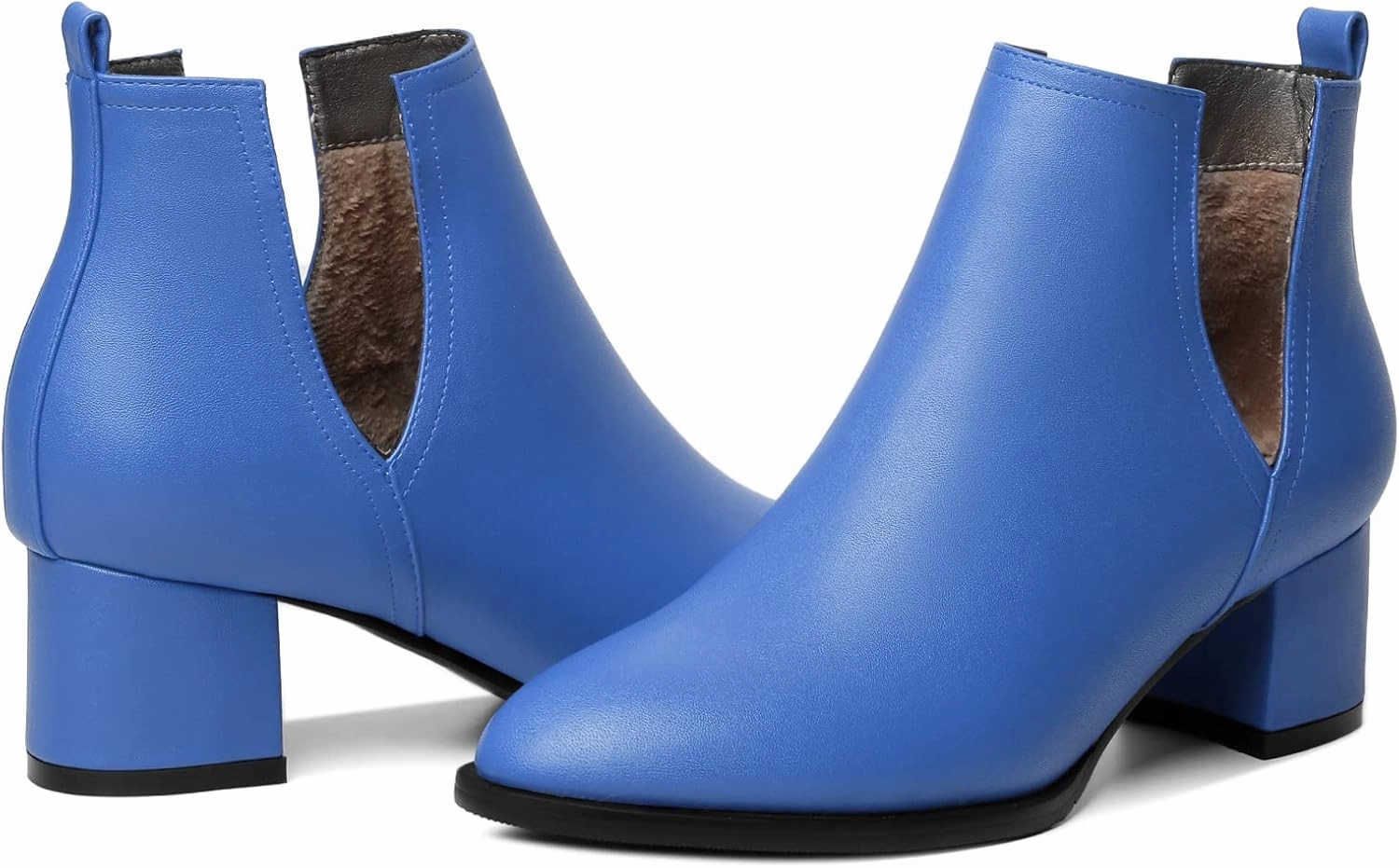 Soireelady Women V Cut Ankle Booties Round Toe Cutout Ankle Boots Block Heel Short Booties Mid Chunky Heel Boots Comfortable Slip on Ankle Booties