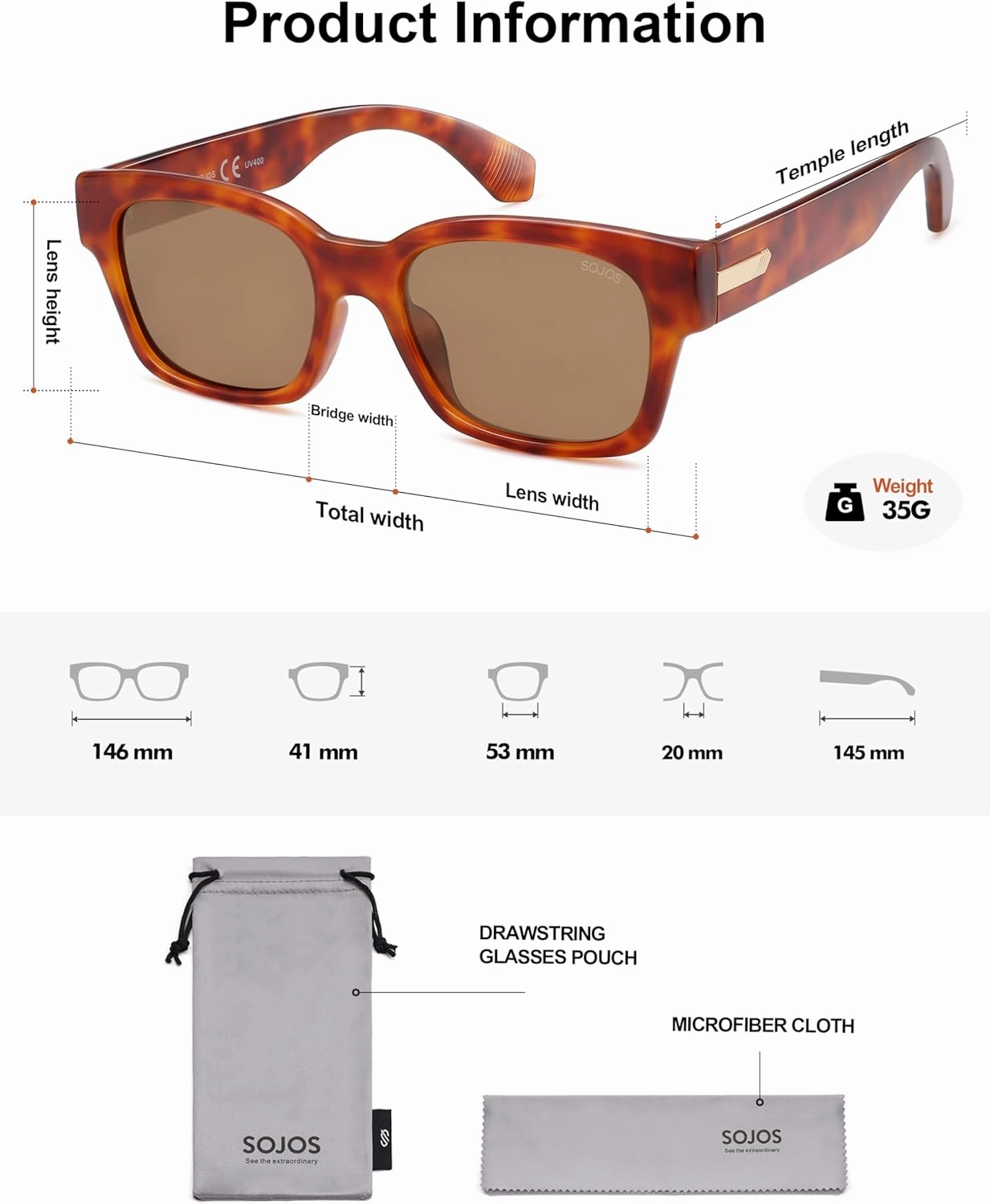 SOJOS Classic Square Polarized Sunglasses for Women Men Trendy Unisex Design SJ2372