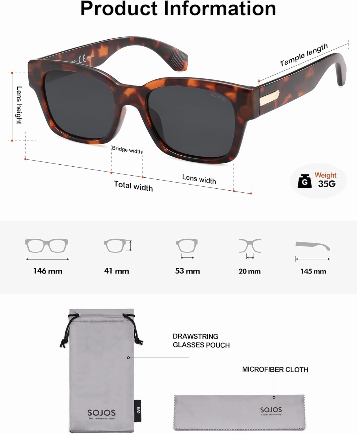 SOJOS Classic Square Polarized Sunglasses for Women Men Trendy Unisex Design SJ2372