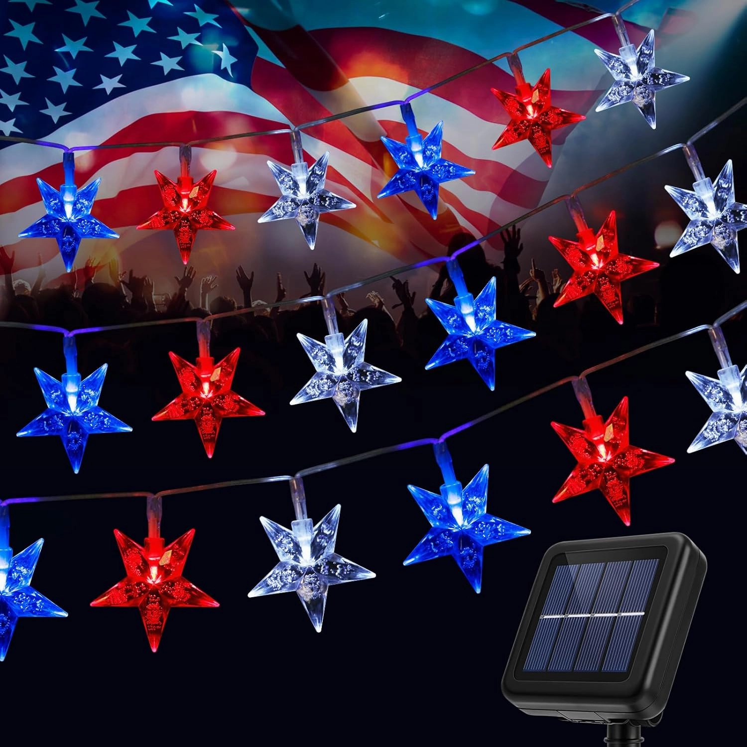 Solar 4th of July String Lights, 100 Stars and 39.4FT Outdoor Waterproof Red White and Blue Lights, Solar Battery Operated Fourth of July Patriotic Lights for Golf Cart, Camping, Outside Decorations