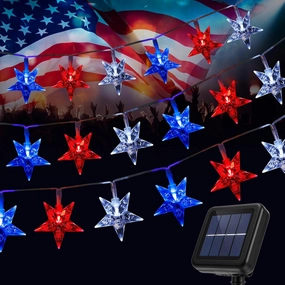 Solar 4th of July String Lights, 100 Stars and 39.4FT Outdoor Waterproof Red White and Blue Lights, Solar Battery Operated Fourth of July Patriotic Lights for Golf Cart, Camping, Outside Decorations