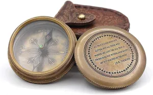 Solid Brass Gift Compass with Leather Case – Engraved Tolkien Quote “Not All Those Who Wander are Lost” – Vintage Gift for Travelers, Readers, Adventure Lovers, Graduation, Birthday, Retirement