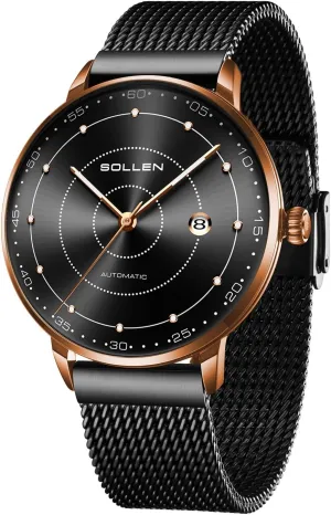 SOLLEN Men's Minimalist Automatic Watch, Imported Mechanical Movement - 3ATM Waterproof - Luminous Hands and Stainless Steel Case, Luxury Self-Winding Men's Wrist Watches with Calendar, Gifts for Men